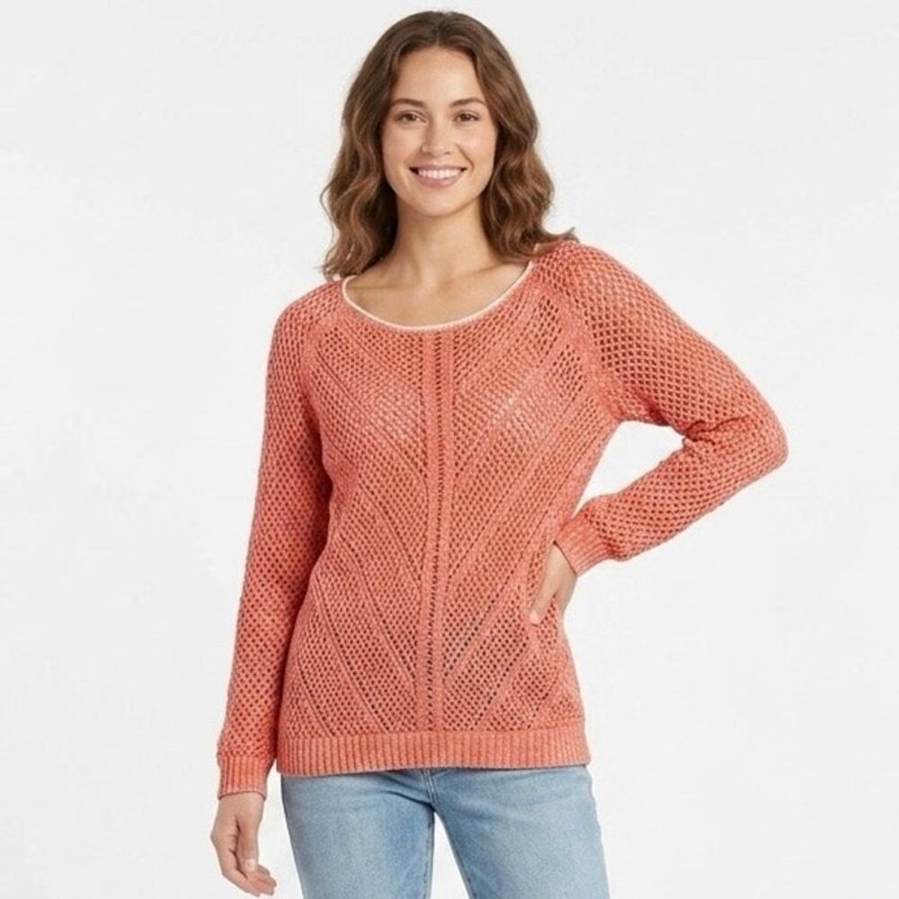 John Paul Richard Women Sweater Size L Open Knit Pink Tunic Long Sleeve Pullover